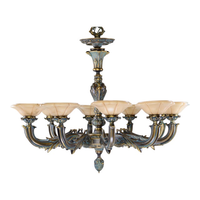 Large Spanish Alabaster Globe Chandelier 10-Light Solid Bronze 40" W For Sale