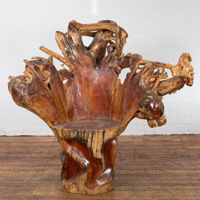 A vintage Chinese hand-crafted camphor wood root chair from the 20th century, with light varnished patina and unusual...