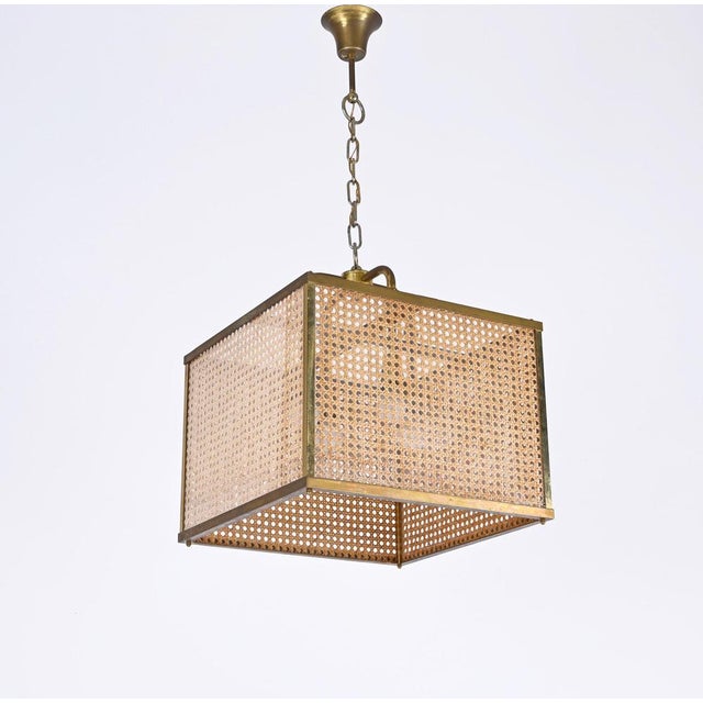 Vienna Straw Wicker, Glass Square & Brass Chandelier Lamp, Italy, 1950s For Sale - Image 13 of 17