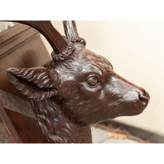 Black Forest 1900s Hand Carved Wooden Buck Head Mounted on Shield Plate For Sale - Image 10 of 12