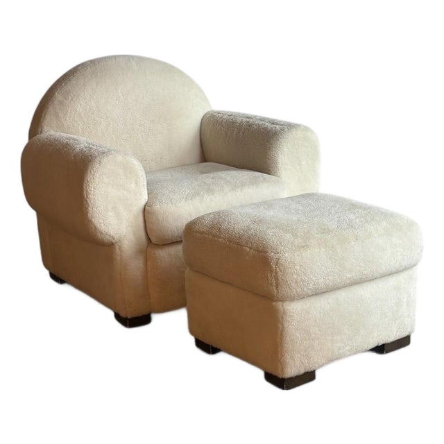 Art Deco Shearling Club Chair and Ottoman, 1980s For Sale