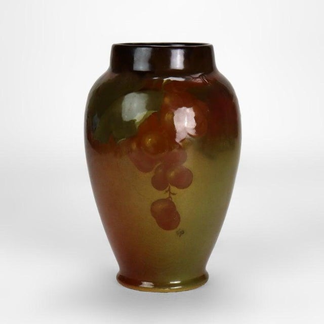 Antique Weller Louwelsa High Glaze Pottery Vase With Grape & Leaf Signed C1920 Measures - 8" x 5 1/4" x 5 1/4"