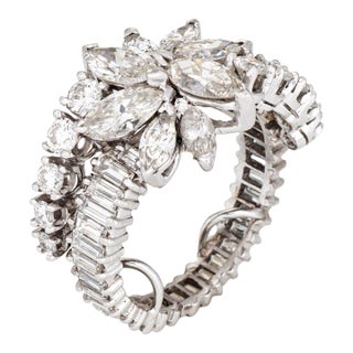 Mid Century 4ct Diamond Ring Sz 7 Marquise Cluster & Baguette Platinum Band For Sale