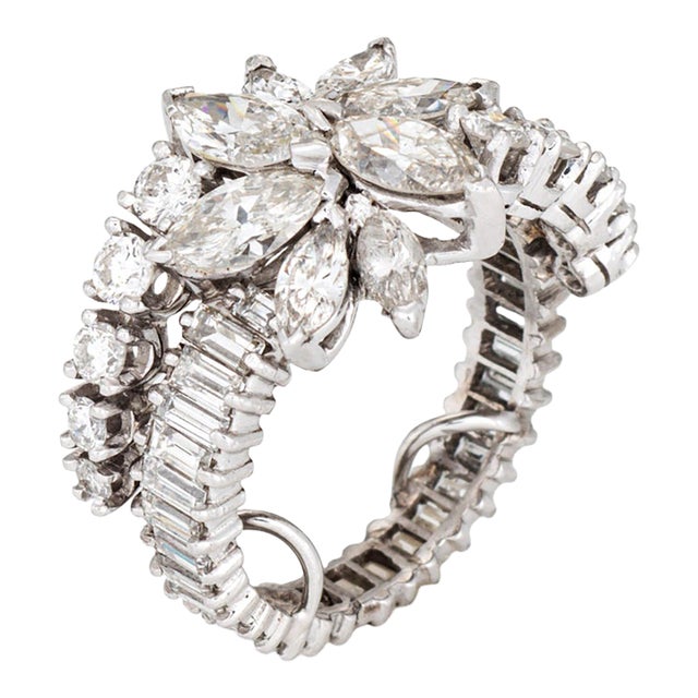 Mid Century 4ct Diamond Ring Sz 7 Marquise Cluster & Baguette Platinum Band For Sale