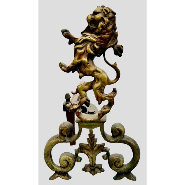 Vintage Pair of Brass Lion Form Andirons For Sale - Image 11 of 12