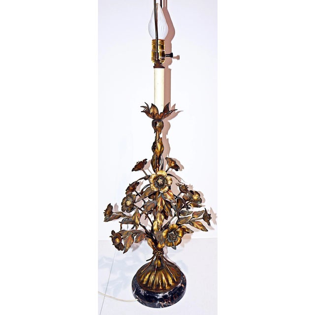 Striking vintage gilt-metal tole Italian floral motif table lamp, c.1920s, marble base, wired and working for standard...