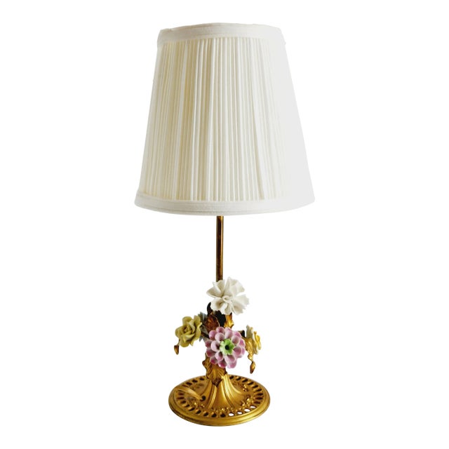 Antique French Gilt Metal Dresser Lamp With Porcelain Flowers. For Sale