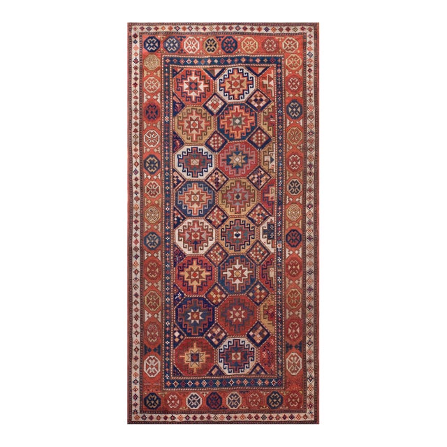 1890s Blue Geometric Antique Caucasian Kazak Rug 4' X 8'2" Handknotted Wool Carpet For Sale