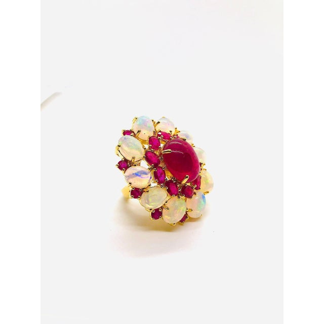 Bochic “Capri” Vintage Natural Ruby & White Opal Retro Ring Set In 18K Gold & Silver For Sale - Image 9 of 10