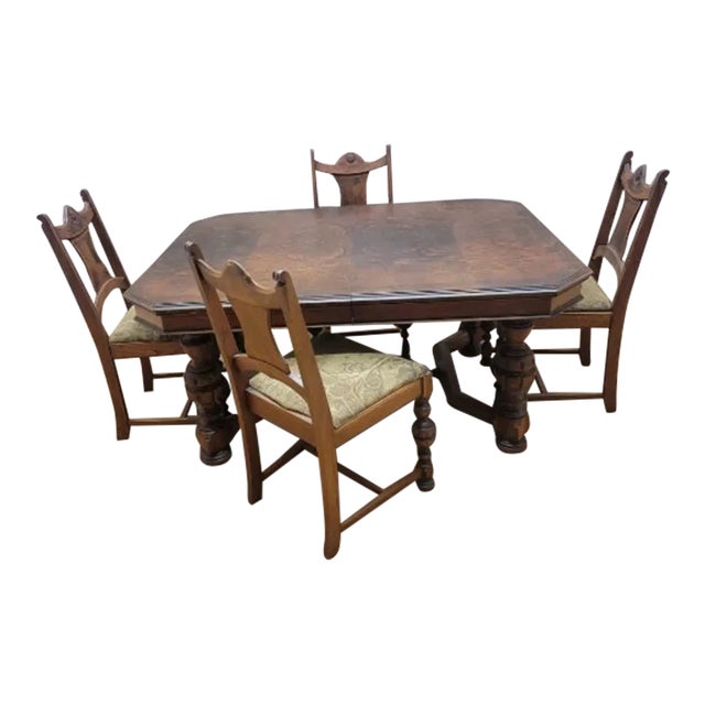 Vintage Jacobean Stye Dining Table and Four Chairs For Sale