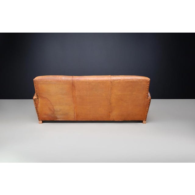 French Art Deco Patinated Leather Lounge Sofa, 1930s For Sale - Image 6 of 11