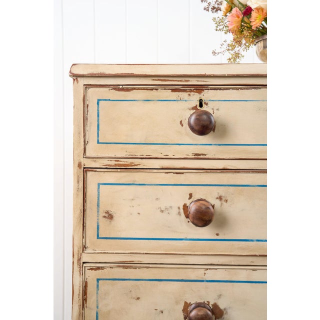 19th Century Victorian Two Over Three Painted Pine Chest With Blue Accents For Sale - Image 4 of 13