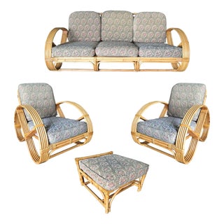 1940s Restored Five-Strand Round Full Pretzel Rattan Sofa & Lounge Living Room, 4 Pieces For Sale