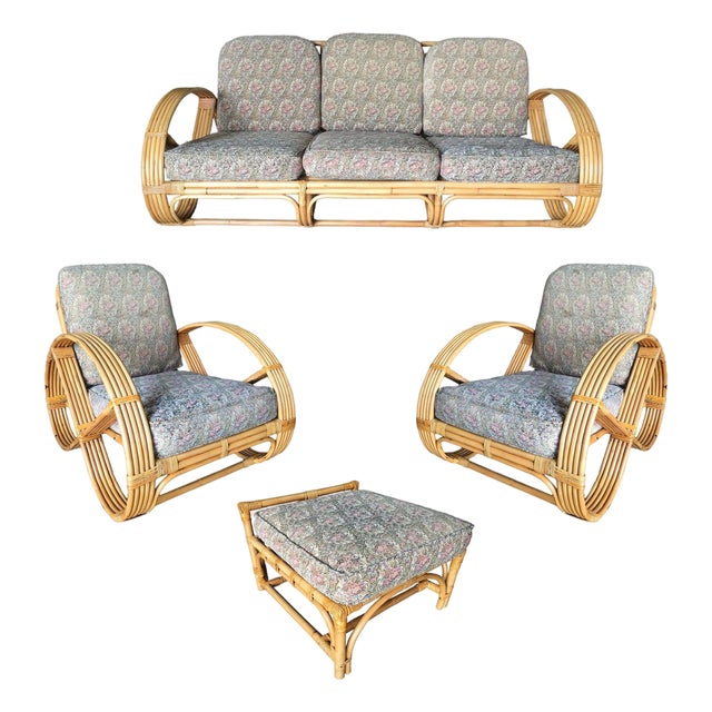 1940s Restored Five-Strand Round Full Pretzel Rattan Sofa & Lounge Living Room, 4 Pieces For Sale