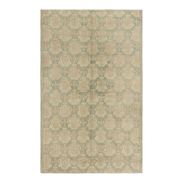 Vintage Distressed Rug, Beige and Green Floral Geometric Pattern - Rug & Kilim For Sale