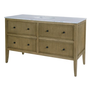 Bristol 60 in. W Marble and Wood 4 Drawer Ribbed Bathroom Vanity, Medium Oak For Sale