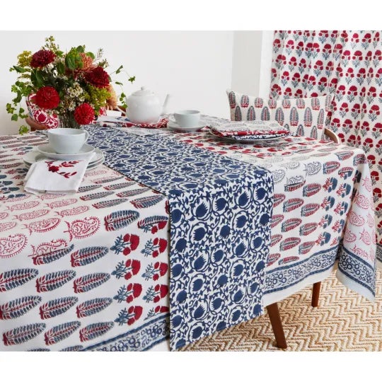 Checkerboard 8-Seat Blue & Red Tablecloth For Sale - Image 4 of 8