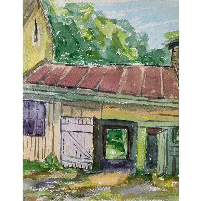 Original mid-century vintage watercolor painting dated 1956 depicting a rural rustic farm house and barn scene. We love...