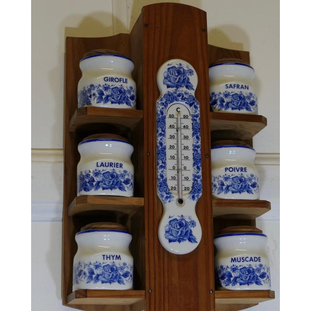 French Wall Hanging Blue and White Spice Jars with Thermometer, 1960s, Set of 7 For Sale - Image 6 of 8