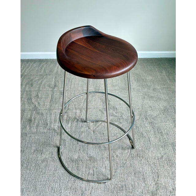 Contemporary Set of 3 McGuire Wood and Stainless Steel Swivel Bar Stool For Sale - Image 3 of 7
