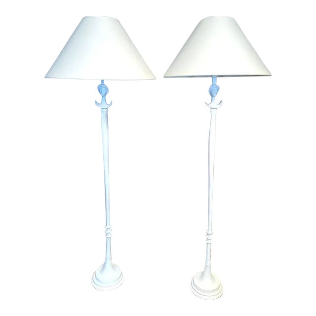 White Gesso Over Bronze Floor Lamps in the Style Giacometti With Shades - a Pair For Sale