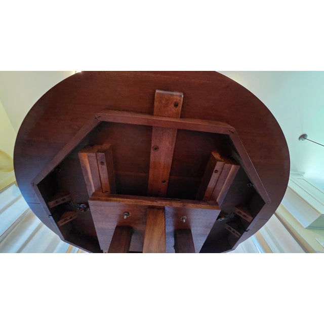 Brown 1980s Ethan Allen Solid Cherry Wood Pedestal Extension Dining Table With Glass Top For Sale - Image 8 of 15