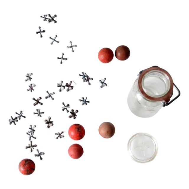 Mid-Century Jacks in Glass Jar For Sale