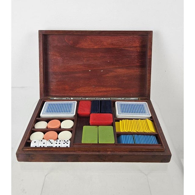Vintage Italian games box, dating from the mid-20th century, made with a richly figured burl wood case and gilt brass...