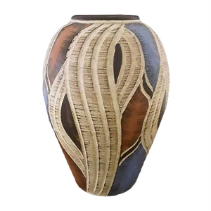 Vintage Handmade Ceramic 305 25 Vase with Bulbous Shape in Red, Blue and Cream White Glaze, 1970s