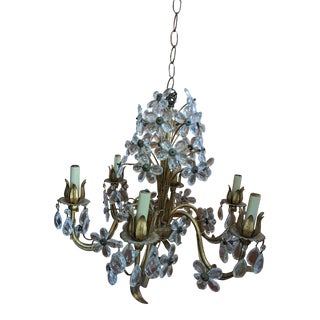 1950s Gilt Metal Cut Glass Flower Chandelier For Sale