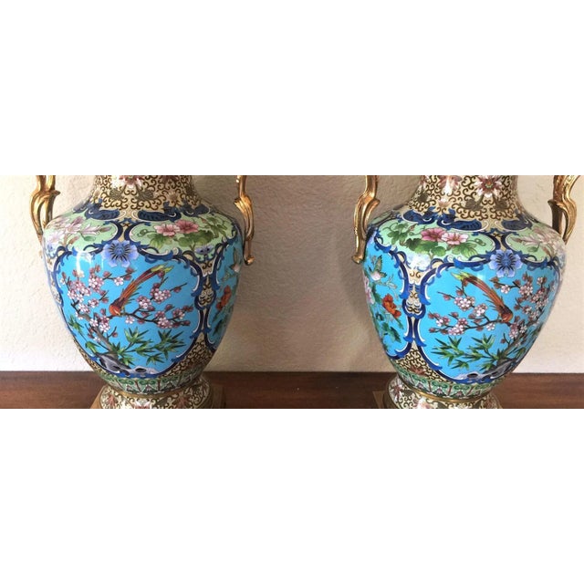Baby Blue 1970s Marbro Lamp Company French Cloisonné, Enamel, Gilded Ormolu Lamps - a Pair For Sale - Image 8 of 10