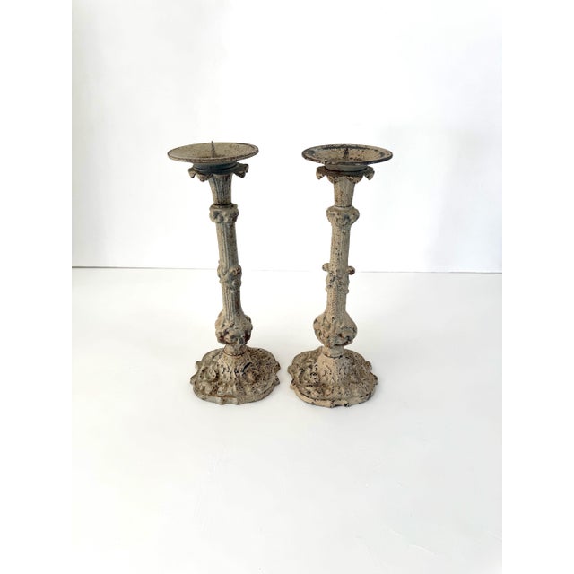 Metal Antique Cast Iron Pillar Candle Holders, a Pair For Sale - Image 7 of 15
