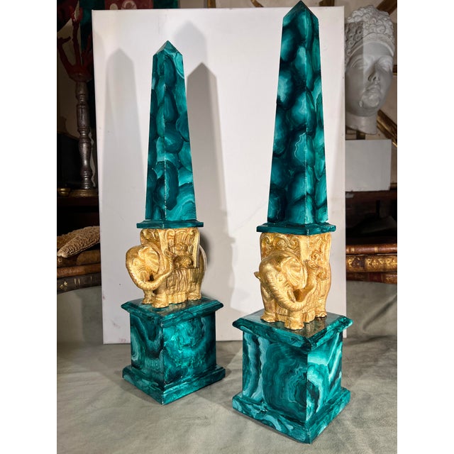 Wood Pair of Grand Tour Faux Malachite Hand Painted & Gilded Obelisks of Minerva For Sale - Image 7 of 13