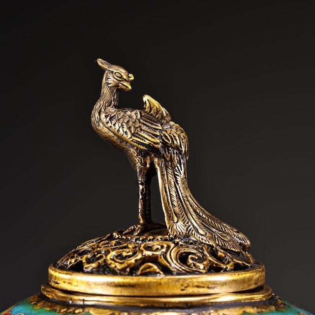 Late 19th Century Pair of Cloisonné Enamel Tripod Censers With Phoenix Finials, 2200g Total For Sale - Image 9 of 10