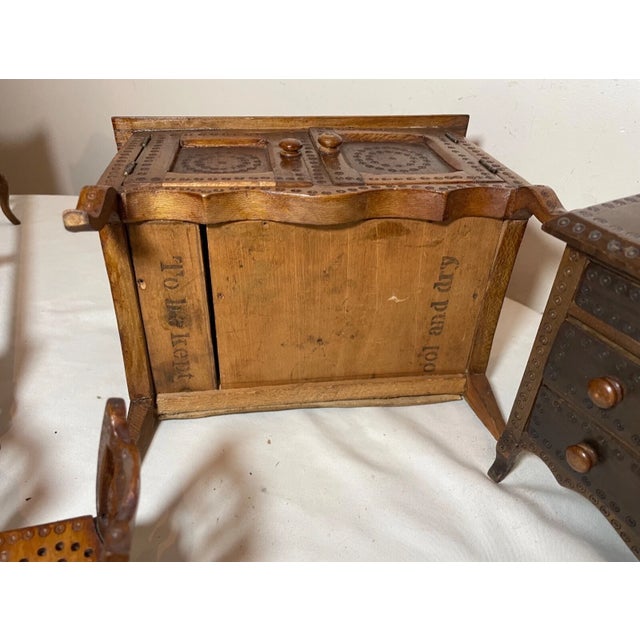 Brown Set of 8 Antique Handmade Mini Wood Bedroom Set Tramp Art Furniture Dresser Bed Vanity For Sale - Image 8 of 14