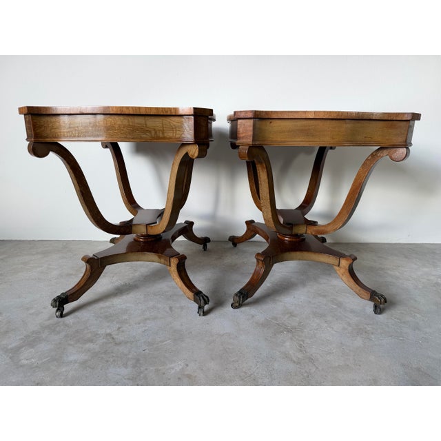 Brown Vintage Eclectic Mahogany Curule-Base Side Tables With Brass Inlay – Pair For Sale - Image 8 of 18