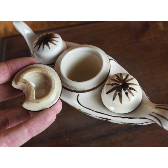 Ceramic Mid 20th Ceramic Mustard Pot, Pepper Pot and Salt Cellar in the Shape of a Flowery Gondola For Sale - Image 7 of 12