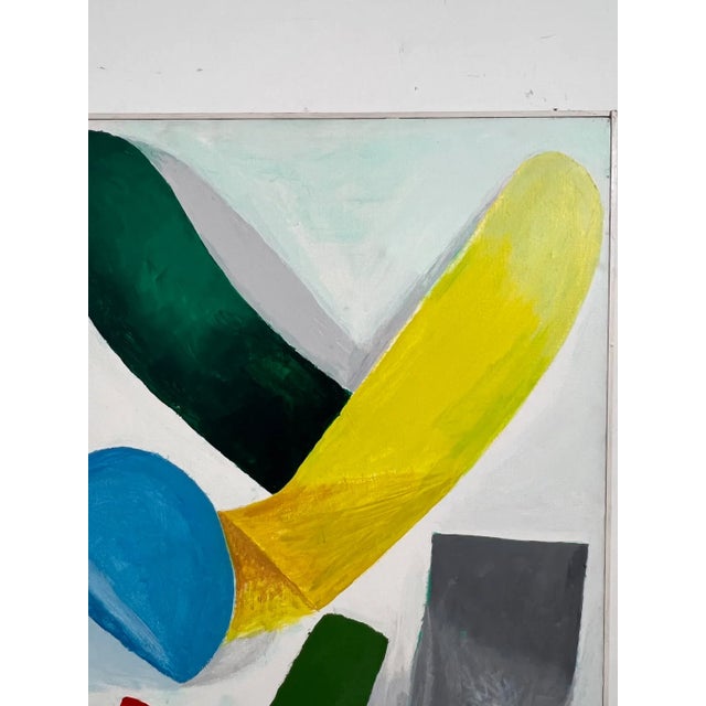 A modernist composition on canvas of colorful ribboned shapes dated 1973 by the late Bethesda, MD artist Irving Schultz.