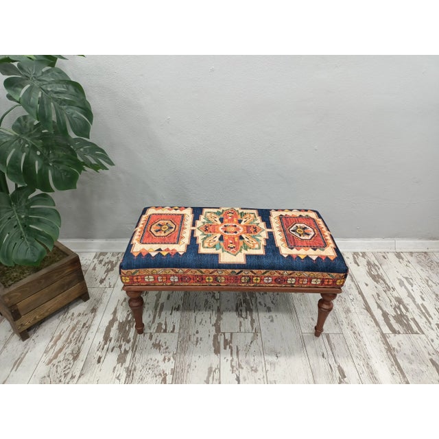 Ink Blue Printed Rug Fabric Upholstered Ottoman Bench For Sale - Image 10 of 10