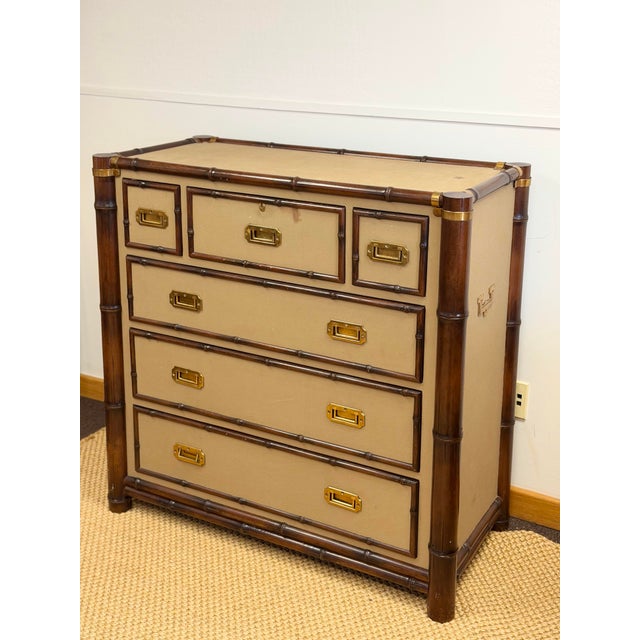 Brown 1992 Rare Ralph Lauren Cameron Canvas Faux Bamboo Brass Campaign Chest of Drawer For Sale - Image 8 of 12
