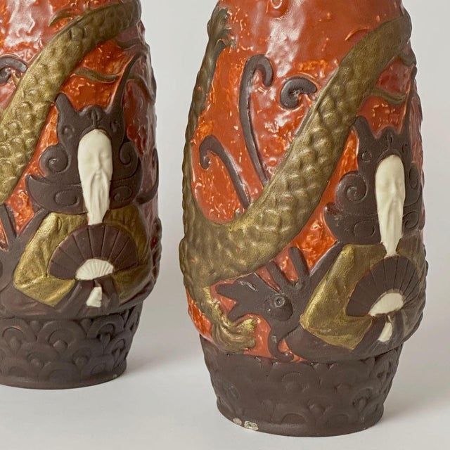 Art Nouveau Ceramic Vases with Gold Dragon Motifs by BB Hohenstein, 1960, Set of 2 For Sale - Image 9 of 10