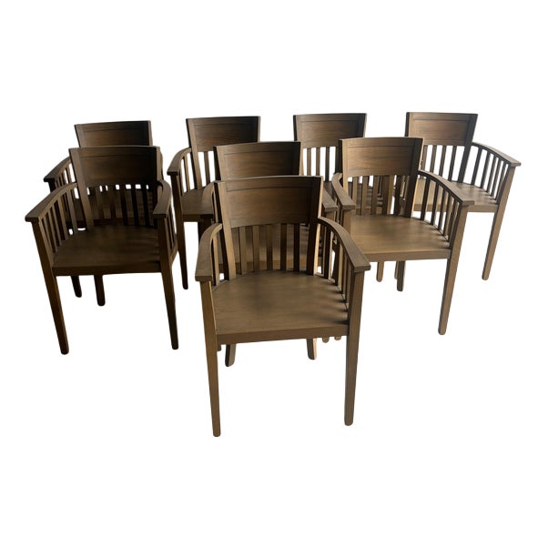 Slatted Wooden Armchairs, 1980s, Set of 8 For Sale