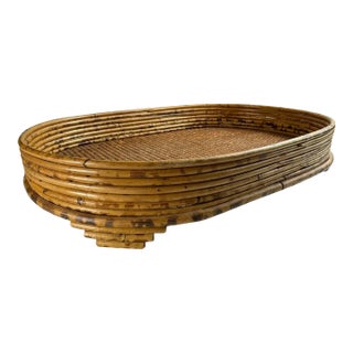 Vintage Gabriella Crespi Style Coiled Rattan Oval Tray For Sale
