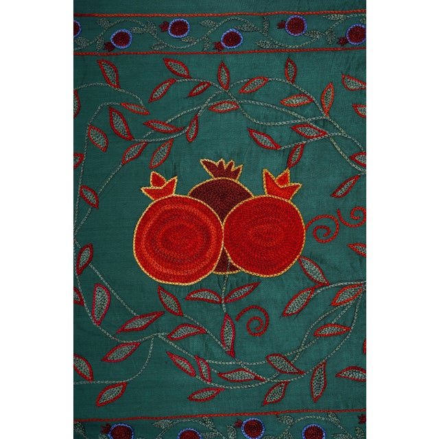 Green Uzbek Suzani Table Runner – Red Pomegranate Motif 1'7'' X 6'2'' For Sale - Image 9 of 11