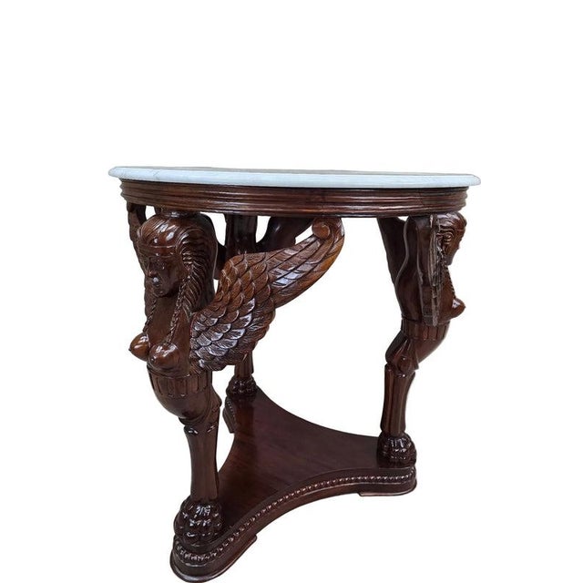 Wood Vintage Indonesian Neoclassical Style Winged Caryatid Marble Top Center Table For Sale - Image 7 of 8