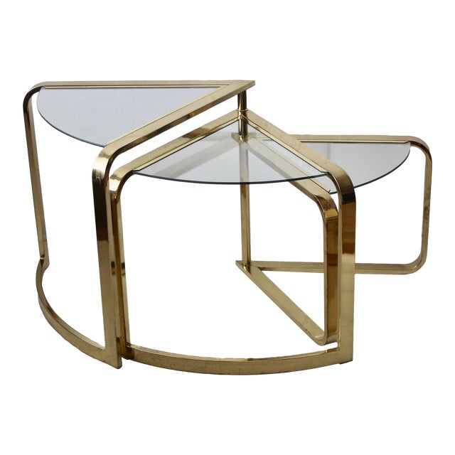 1980s Fan Nesting Table by Design Institute of America Three Tier Brass Flat Bar Glass Expandable For Sale
