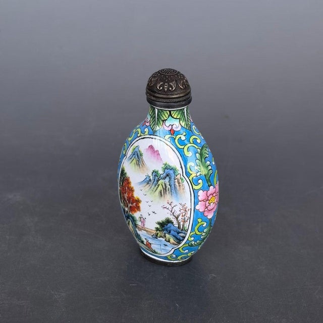 Asian Copper Enamel Landscape Snuff Bottle, Hand Painted Famille Rose Scene For Sale - Image 3 of 9