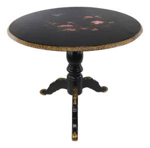 Vintage Black Lacquered Round Side Table With Hand-Painted Floral Motif