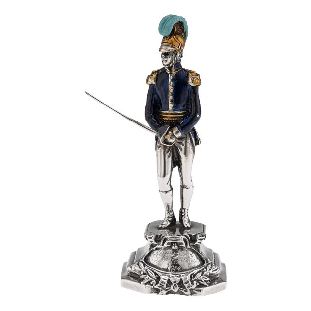 Antique 20th Century Italian Silver & Enamel Mounted Napoleonic Kingdom Guard, 1970s For Sale