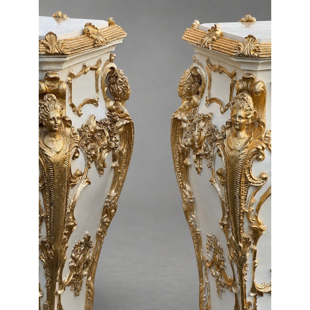 Late 20th Century Late 20c Italian Baroque Cream Gold Pedestals - Pair For Sale - Image 5 of 18